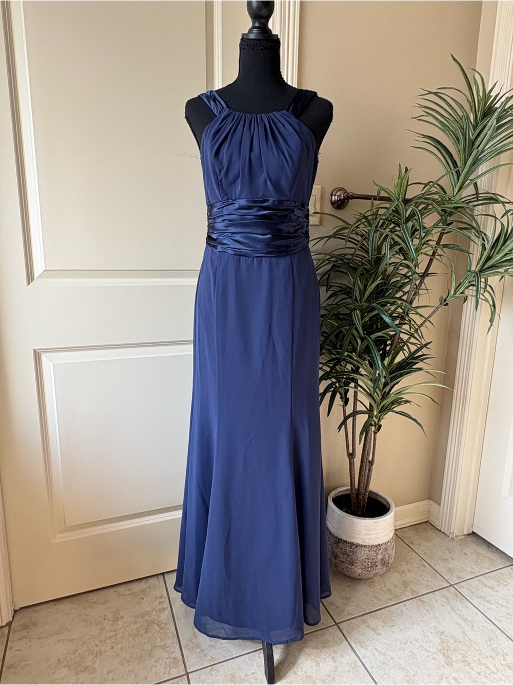 Navy Halter Maxi Dress with Satin Waistband David’s Bridal